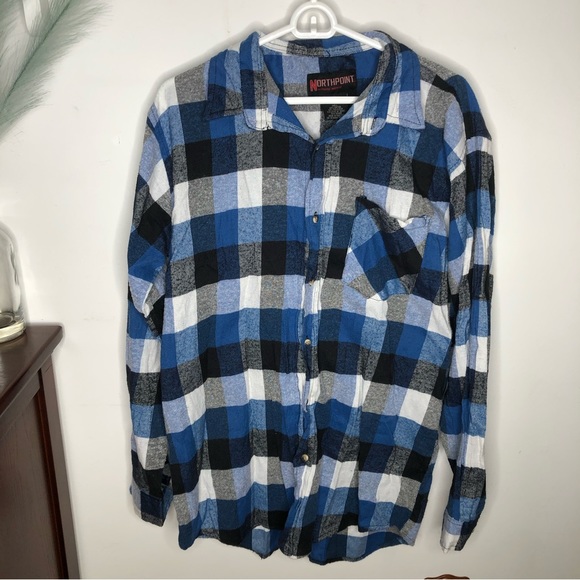NorthPoint Blue/White/Black Block Plaid Print Long Sleeve Button-Front Top Large